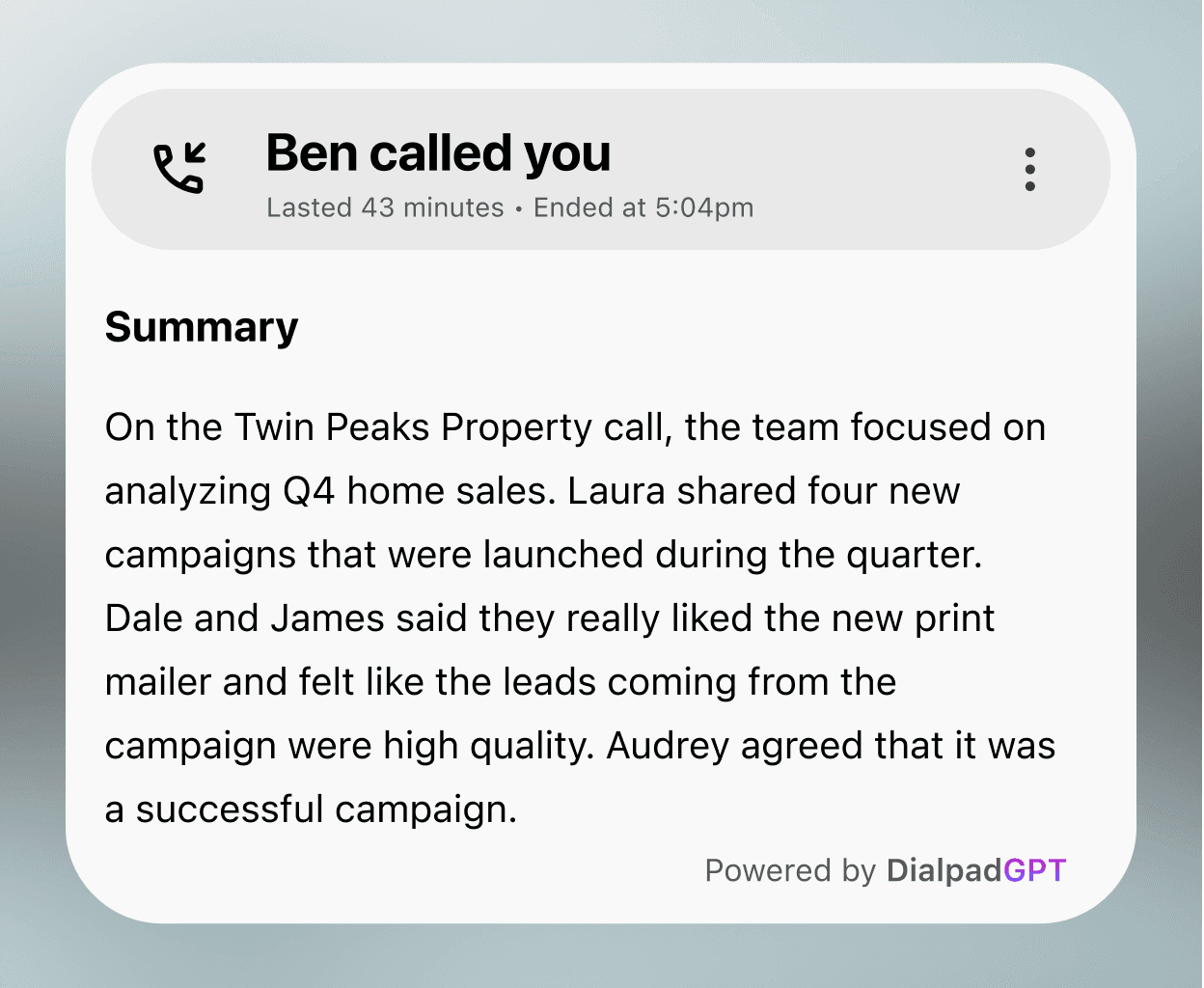 Capture d'écran d'un résumé d'appel généré par la fonctionnalité Dialpad Ai Recaps