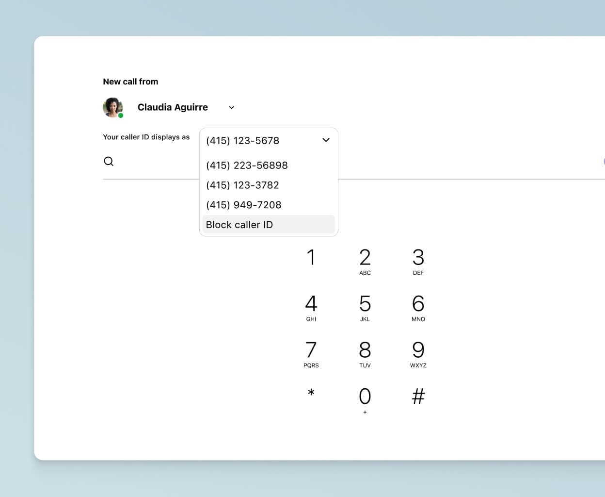 Screenshot of choosing a caller ID to display when making a work call from one's personal mobile phone using Dialpad's app.