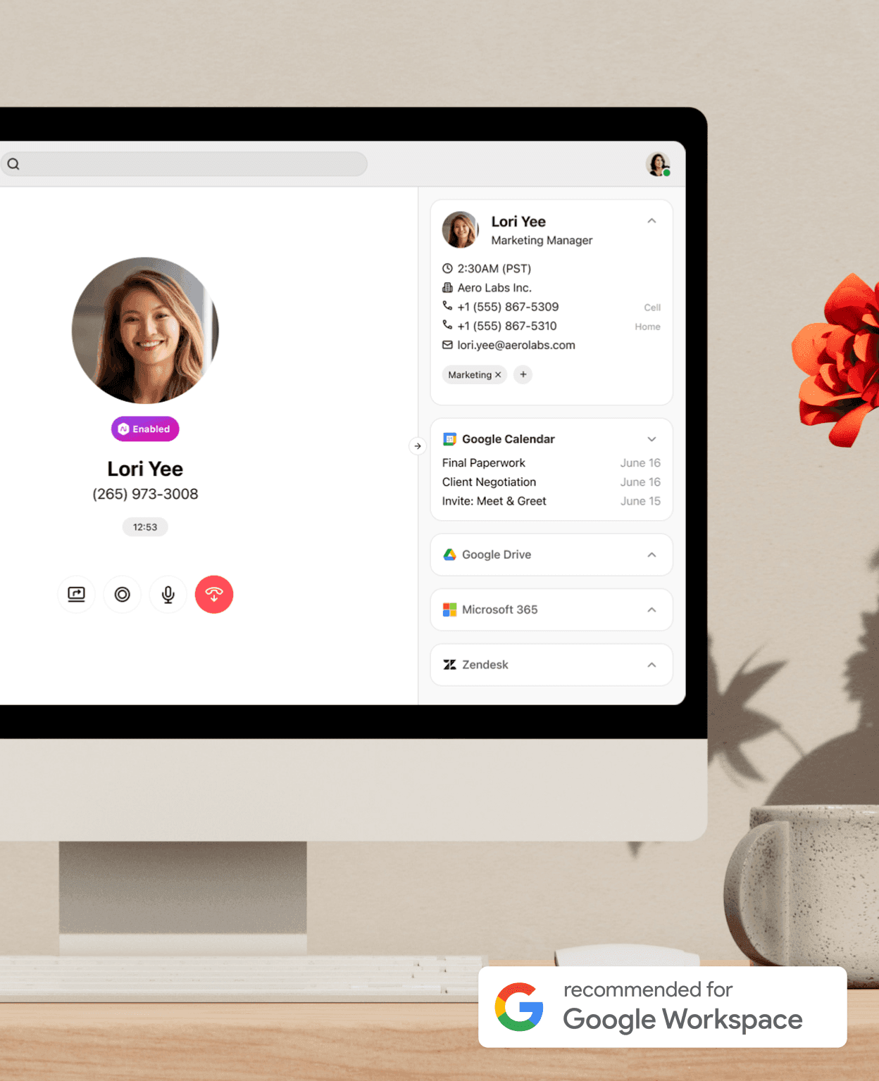 Capture d'écran des intégrations Dialpad dans Google Workspace