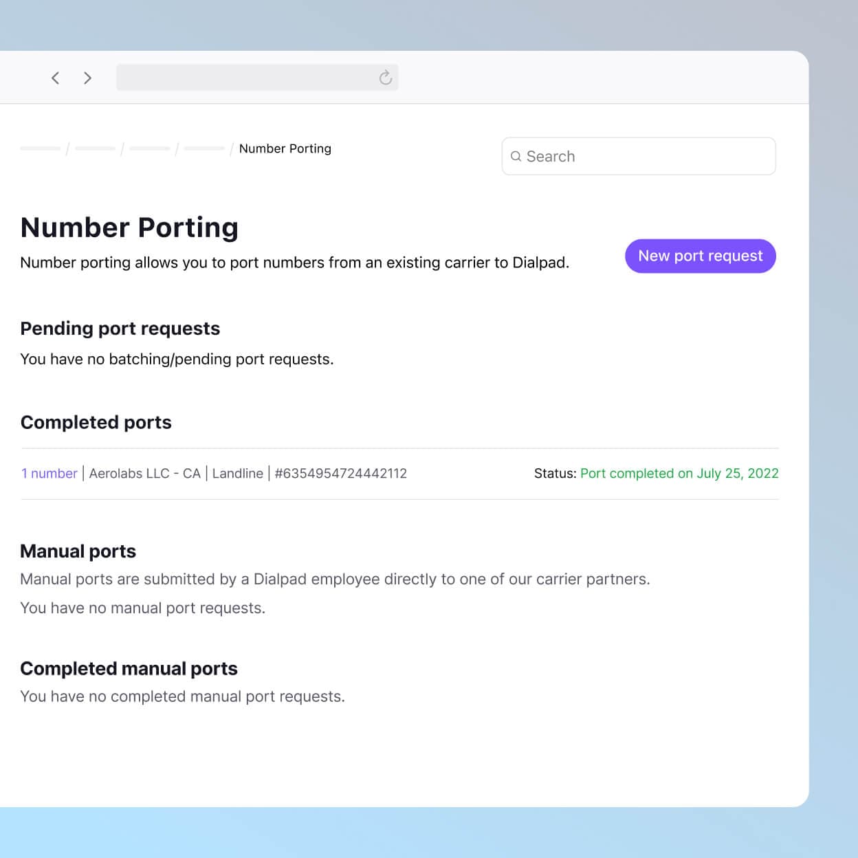 Screenshot of porting a phone number from dialpad's online dashboard