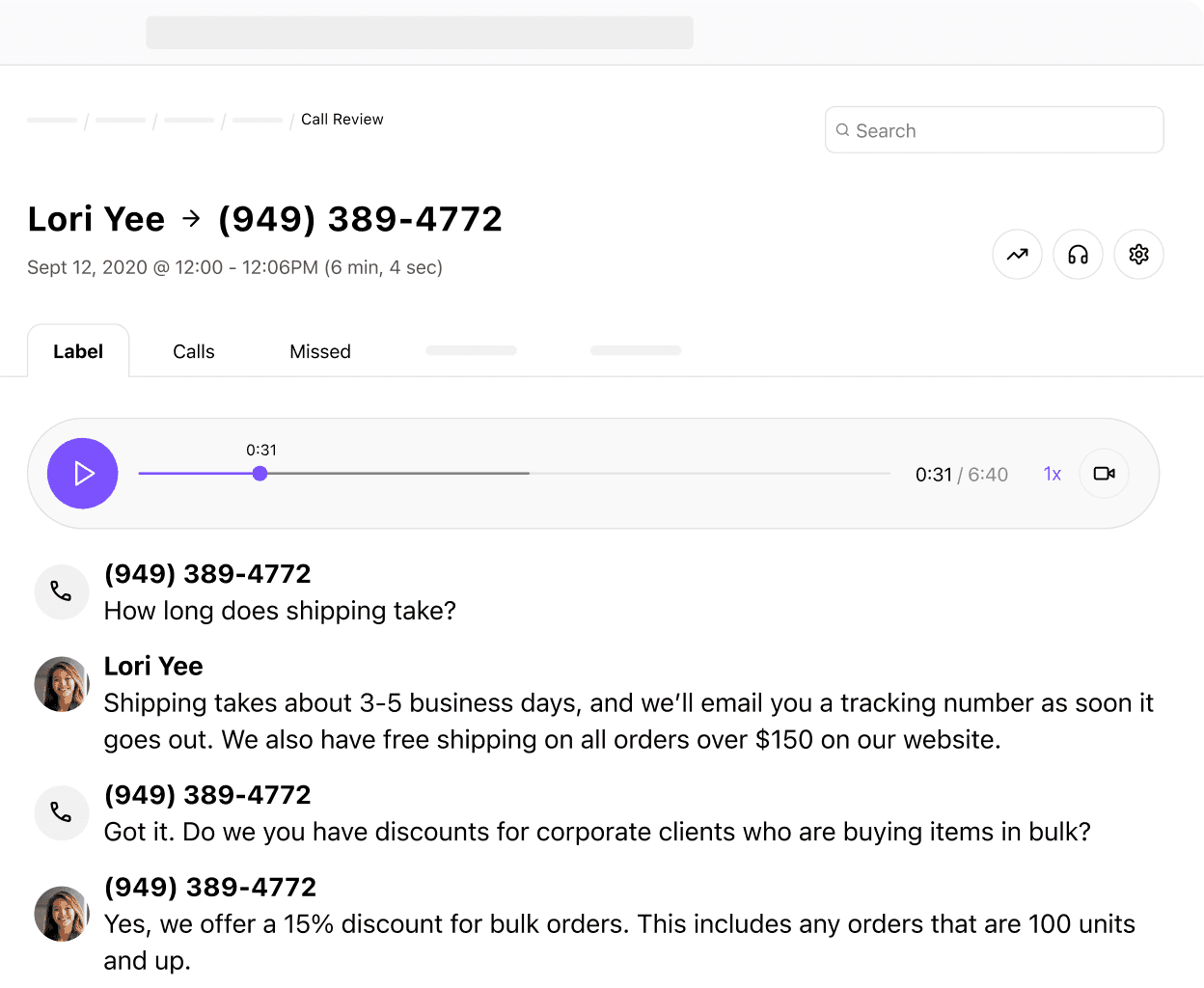 Capture d’écran du résumé post-appel alimenté par l’IA de Dialpad avec transcription et enregistrement