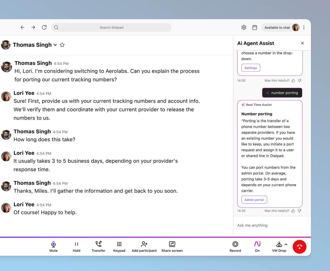 Screenshot of Dialpad's real time assist card feature popping up helpful notes for an agent or rep when a tricky question comes up on a call.