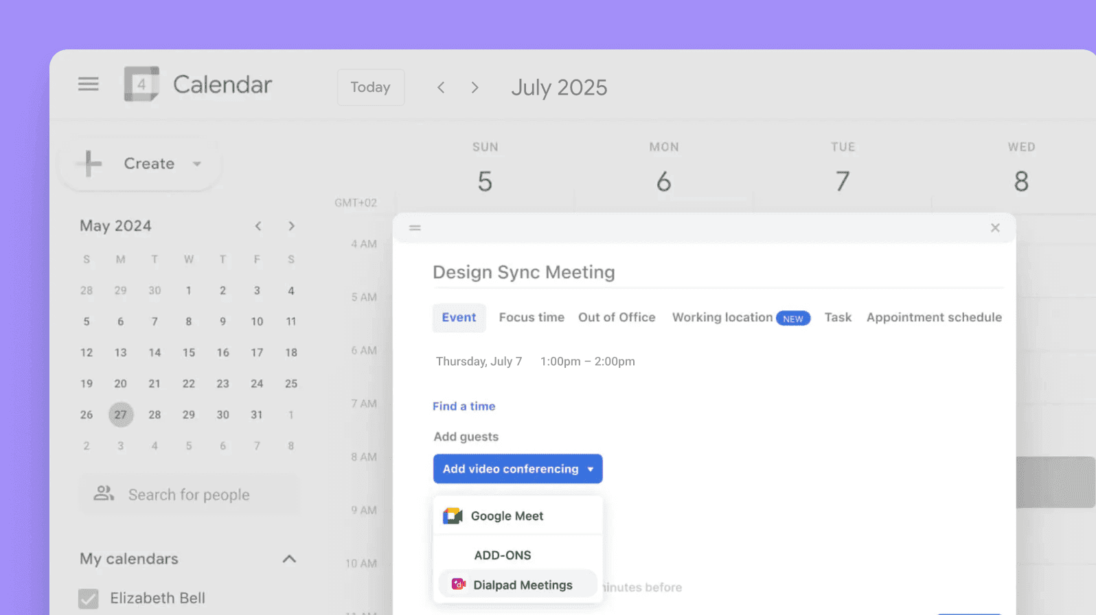 Screenshot of Dialpads Google Calendar integration automatically populating a meeting invite with the link to join the meeting