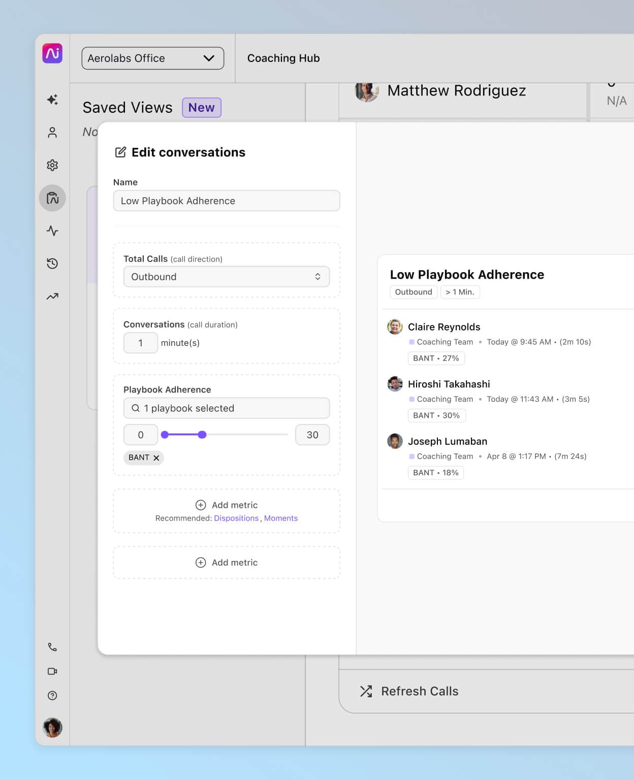 Screenshot of 'Low Playbook Adherence' dashboard for outbound calls over 1 minute, displaying user scores and call details