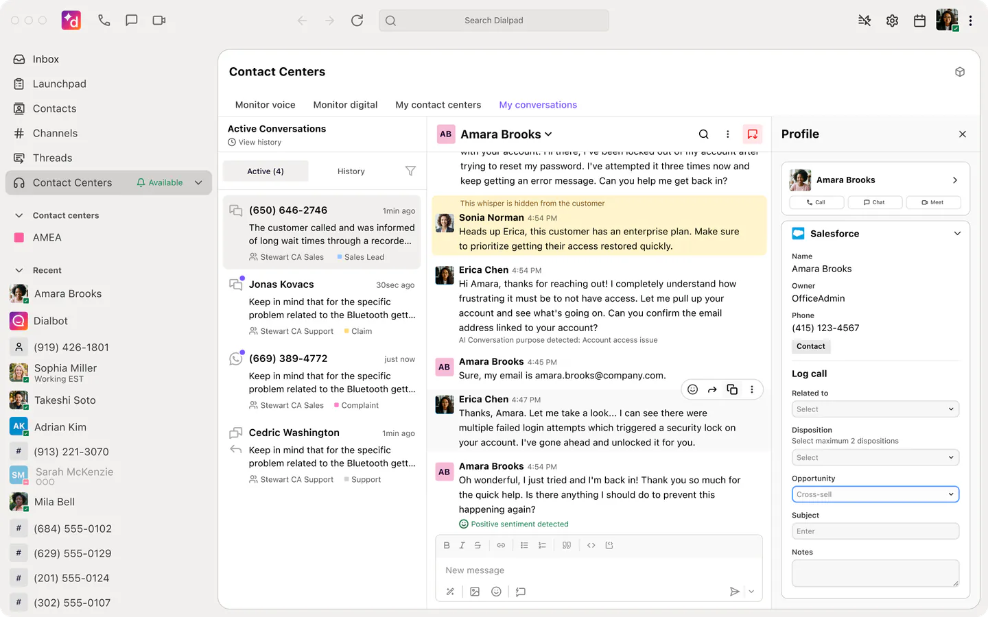 Dialpad contact center conversation with a live whisper and a Salesforce customer profile