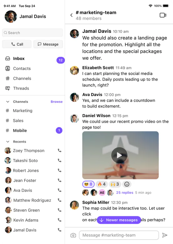 Dialpad tablet app with the channel list and the #marketing-team channel